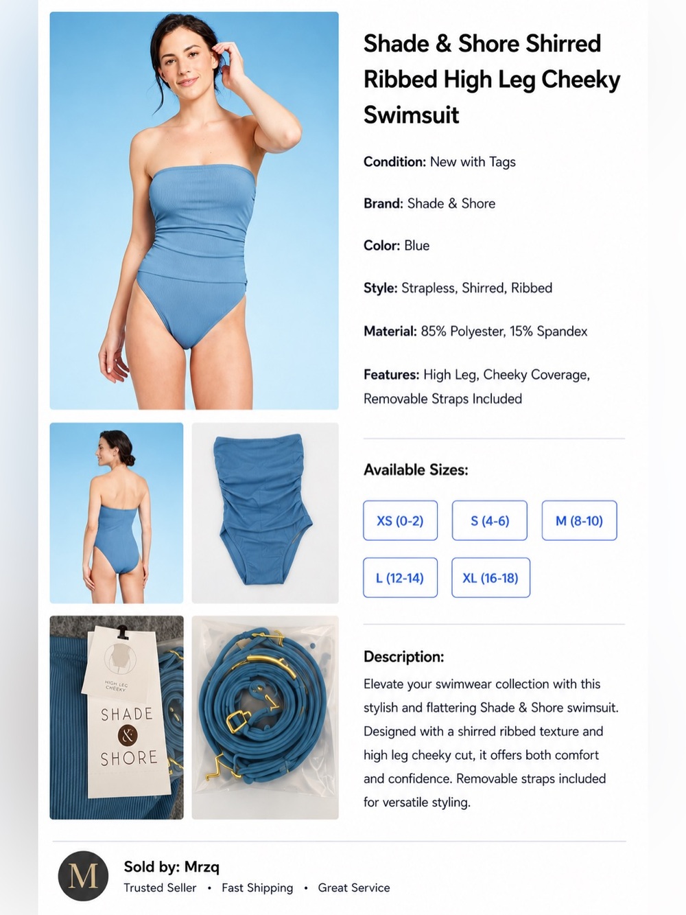 Shade & Shore Strapless Ribbed One-Piece Swimsuit - Blue